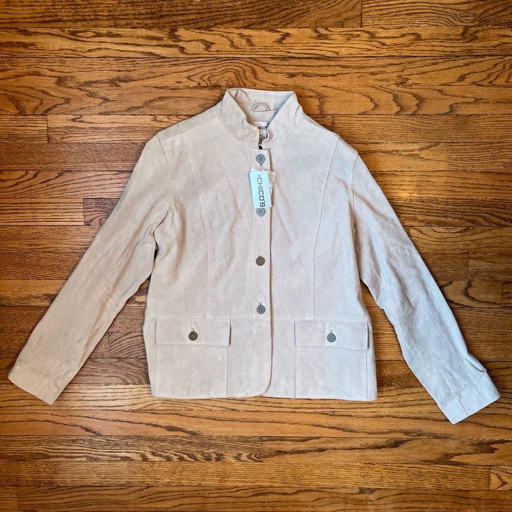 Chicos Women’s Suede Gray Jacket Sz 1 Button Front Military Mandarin Collar NWT - Picture 1 of 12